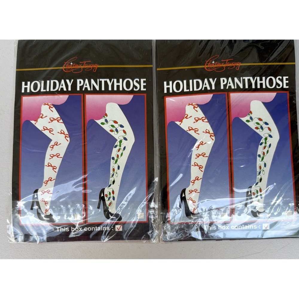 Vintage Holiday Pantyhose Lot of 2 Christmas Bows Lights Nylon OSFA NOS